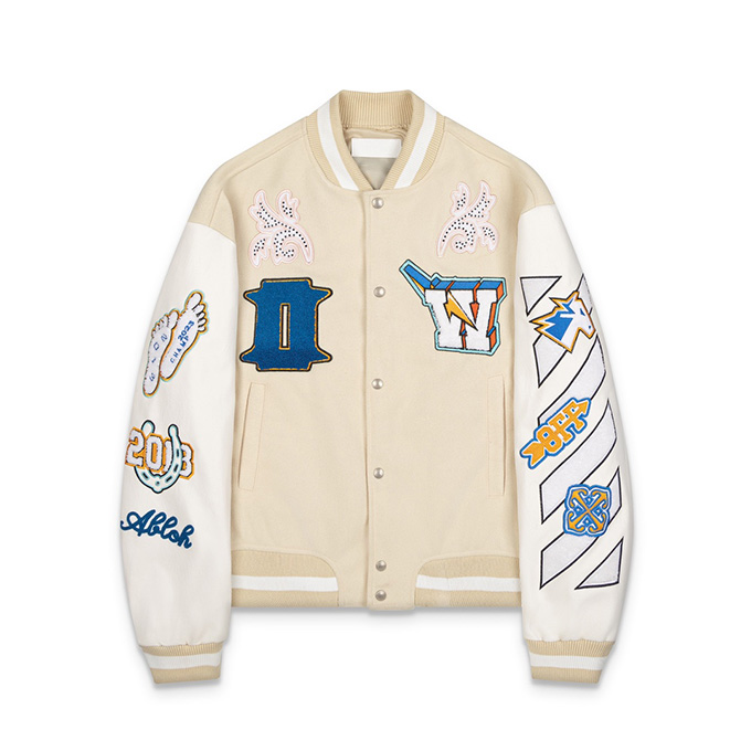 off white heavy embroidery patchwork varsity jacket